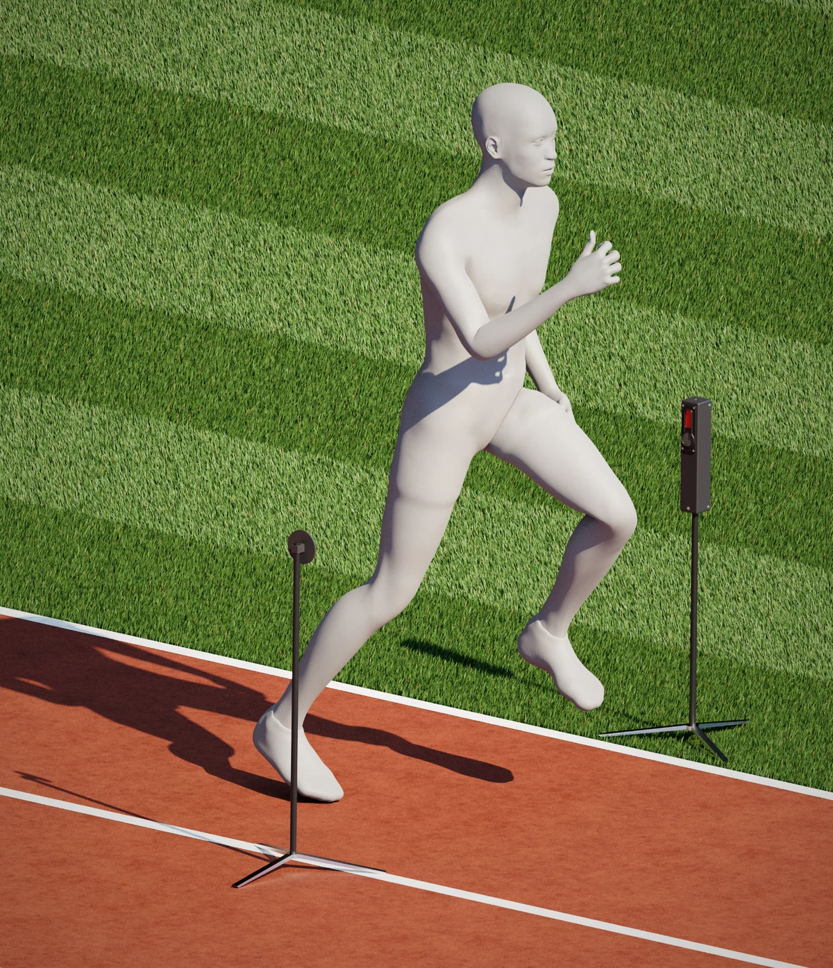 Render of two Beam Break timing sensors alongside an outdoor track as a runner passes between them