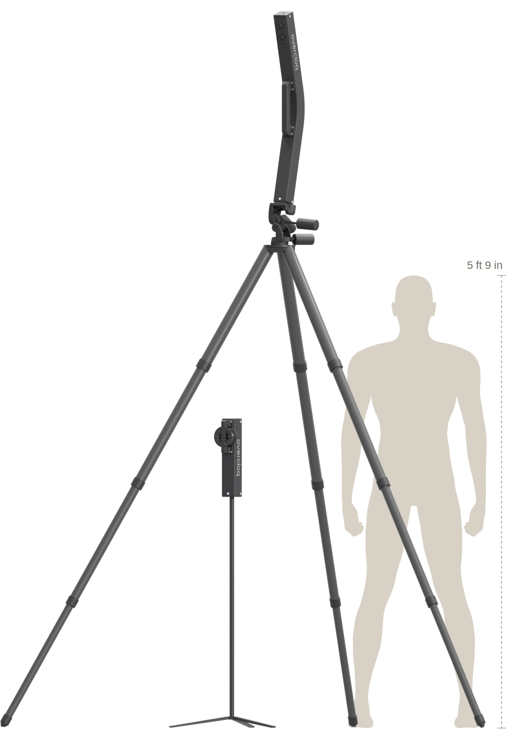 Tripod-mounted Overcloq photo-finish system next to a 5 ft 9 in person silhouette for scale