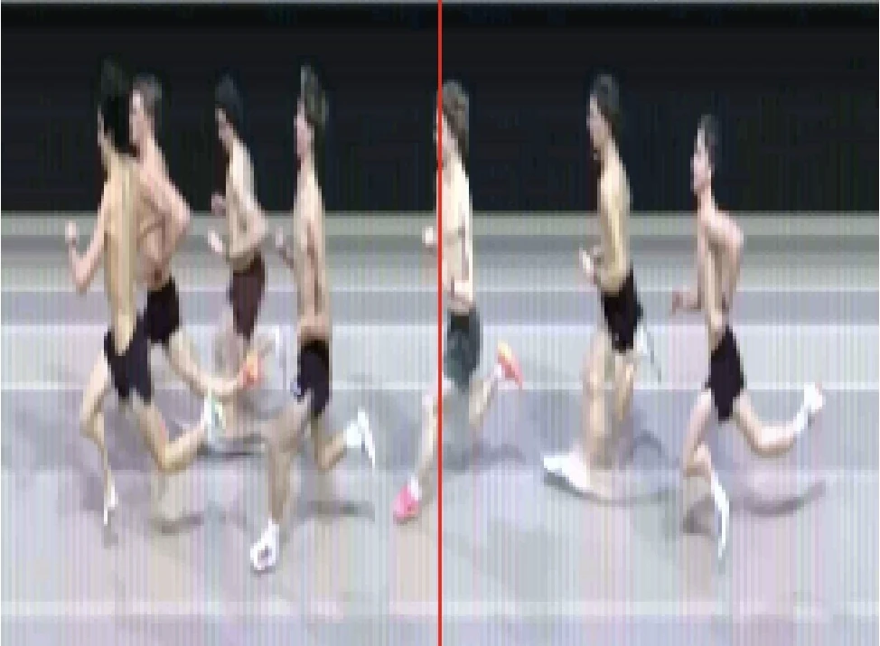 PF300R photo-finish line-scan image showing six runners and a red timing cursor
